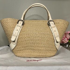 Salvatore Ferragamo Natural Straw Tote with Cream Leather Trim and Dust Bag